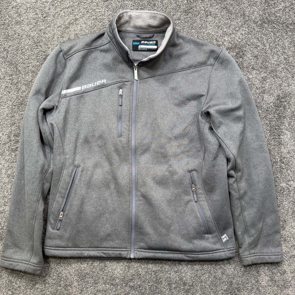 Bauer Team Mens M Gray Full Zip Softshell Jacket Fleece Lined 37.5 Tech Hockey